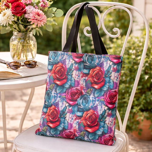 Bolsa Tote Design de Rosas Vermelho e Azul de Arte Urbana (Criador carregado)