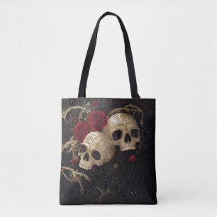 Bolsa Tote Design de Skulls e rosa vermelha