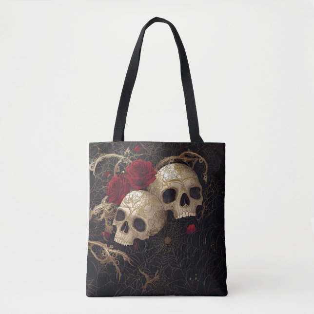 Bolsa Tote Design de Skulls e rosa vermelha (Frente)