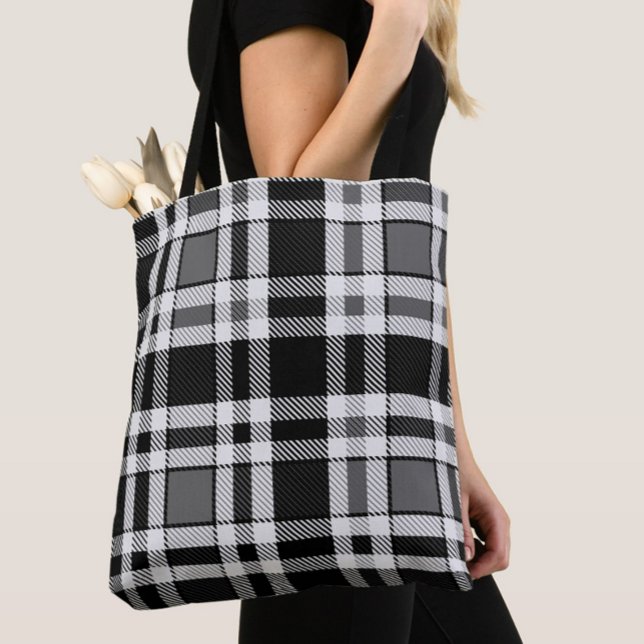 Bolsa Tote Design de Tartan Xadrez Flannel Branco preto (Criador carregado)