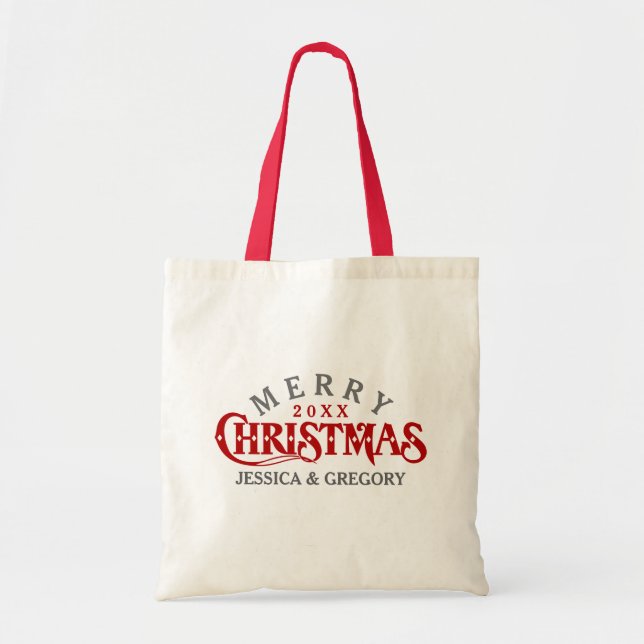 Bolsa Tote Design de texto de Natal Elegante Vermelho Escuro (Frente)