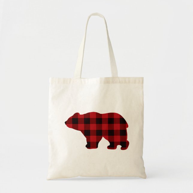 Bolsa Tote Design de Urso xadrez preto e vermelho clássico (Frente)