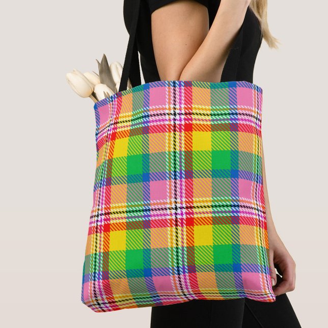 Bolsa Tote Design de Xadrez de Tartan Amarelo verde-rosa (Criador carregado)