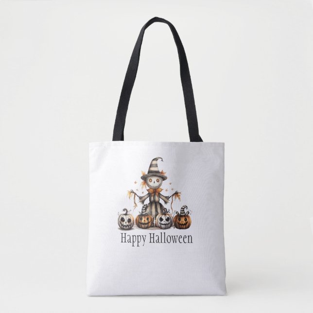 Bolsa Tote Design do Espantalho Halloween com Jack-o-Lanterna (Frente)