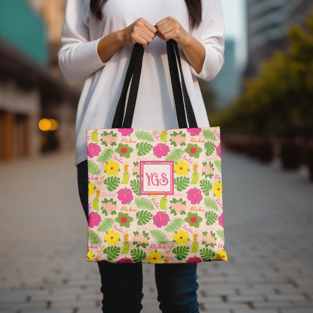 Bolsa Tote Design do Monograma de Hula Havaiana Repleto (Tropical Monogram Hawaiian Flower Aloha Hula Woman Tote Bag)