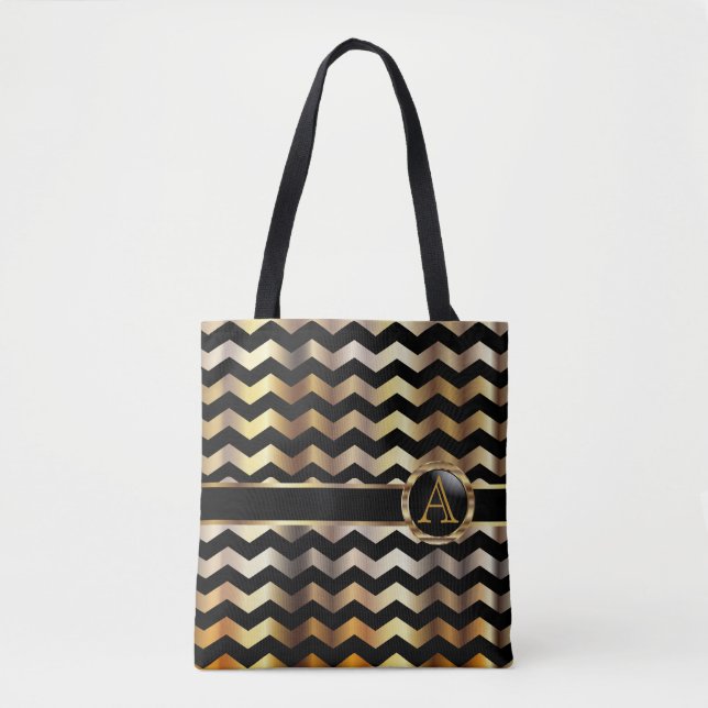 Bolsa Tote Design Dourado & preto do monograma de Chevron (Frente)