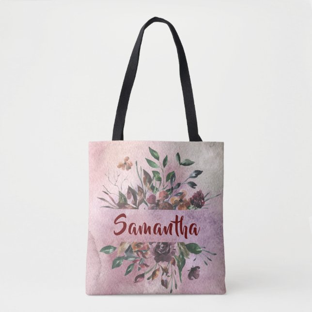 Bolsa Tote Design floral bonito com nome (Frente)
