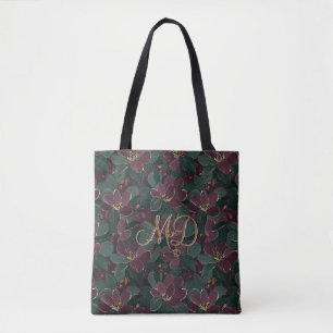 Bolsa Tote Design Floral Botânico Chic de Ameixa Esmeralda Pr