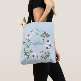 Bolsa Tote design Floral Branco, Branco E Teal, De 1 Monogram