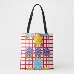 Bolsa Tote Design Floral multicolor na Grade Vermelha