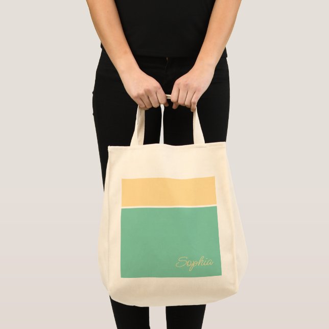 Bolsa Tote Design Geométrico, Amarelo Pálido e Teal, Nome (Frente (produto))