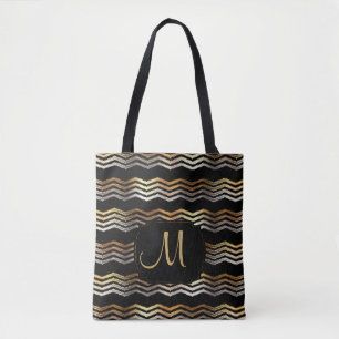 Bolsa Tote Design Ikat Chevron Dourado e Preto