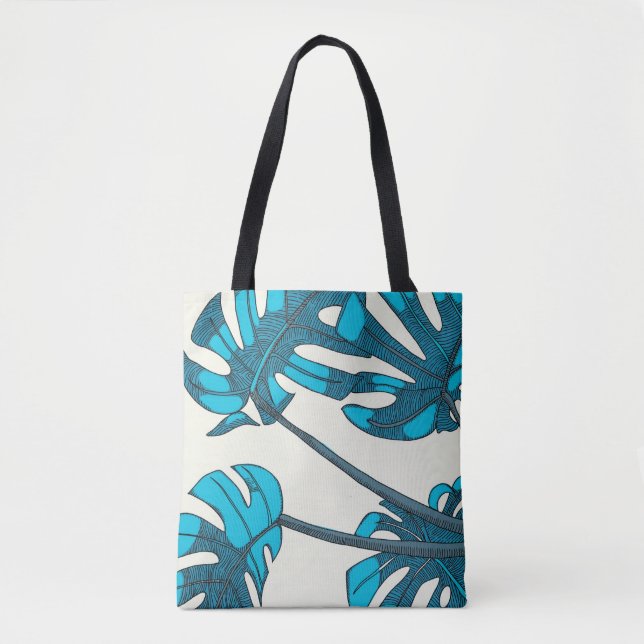 Bolsa Tote design tropical, azul, branco (Frente)
