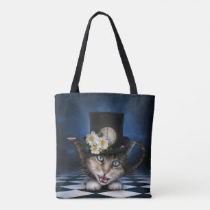 Bolsa Tote Design Whimsical Teapot Gato Mad Hatter