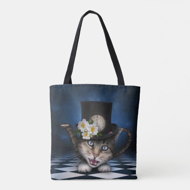 Bolsa Tote Design Whimsical Teapot Gato Mad Hatter (Verso)
