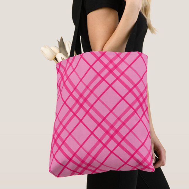 Bolsa Tote Design Xadrez em Grade Rosa sobre Rosa (Criador carregado)