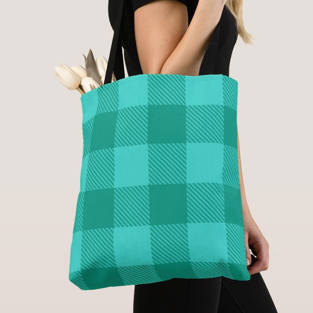 Bolsa Tote Design Xadrez Gingham Azul-Verde e Turquesa  (Criador carregado)