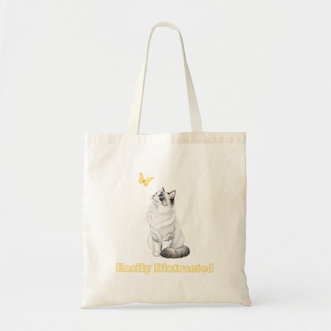 Bolsa Tote Designo de Gato Fofo e Borboleta Facilmente Distra (Frente)