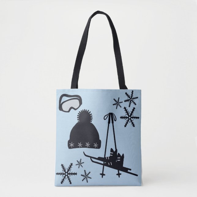 Bolsa Tote Designs de neve preto, prateado e azul. (Frente)