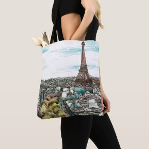 Bolsa Tote Destinos   Torre Eiffel Vintage na perspectiva de 