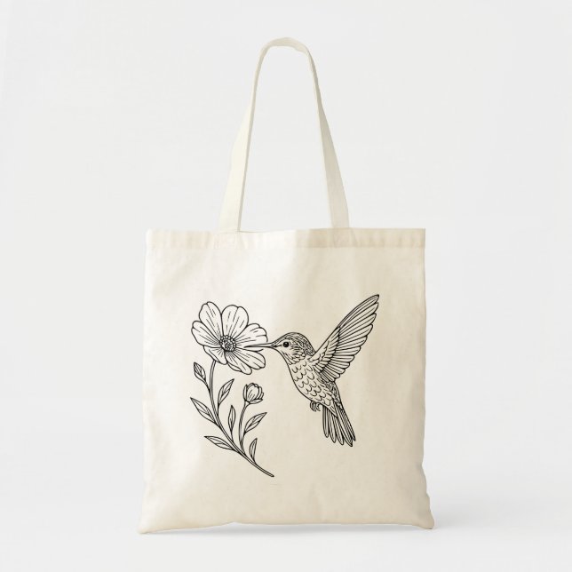 Bolsa Tote Detailed Hummingbird Line Art with Wildflower (Frente)