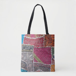 Bolsa Tote Detalhe de Fecho do Carpete de Patches Coloridos