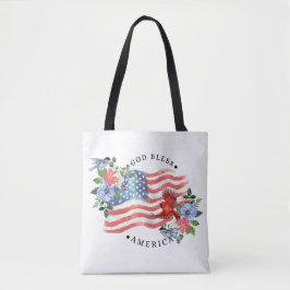 Bolsa Tote Deus Abençoe a América Aquarela Bandeira/Flores/Pá