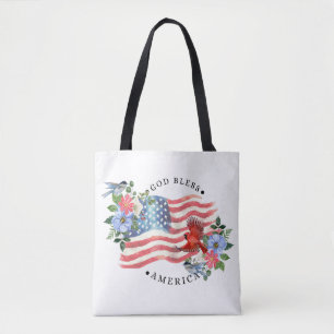 Bolsa Tote Deus Abençoe a América Aquarela Bandeira/Flores/Pá