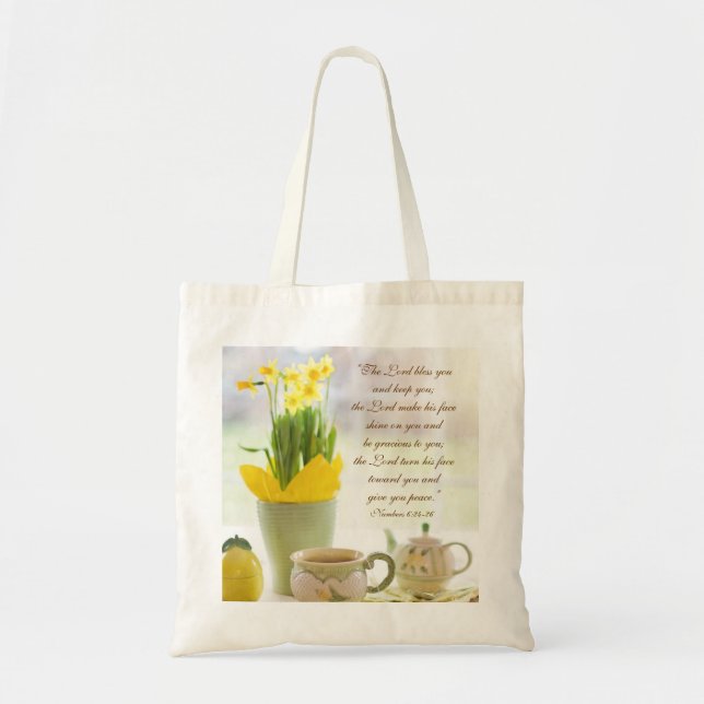Bolsa Tote Deus Abençoe Você Bíblia Verse Tea Party Daffodils (Frente)