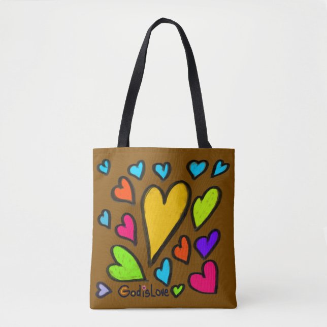 Bolsa Tote Deus é Amor com Corações Marrons (Frente)
