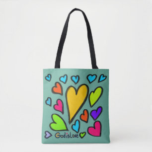 Bolsa Tote Deus é Amor com Corações Turquesa