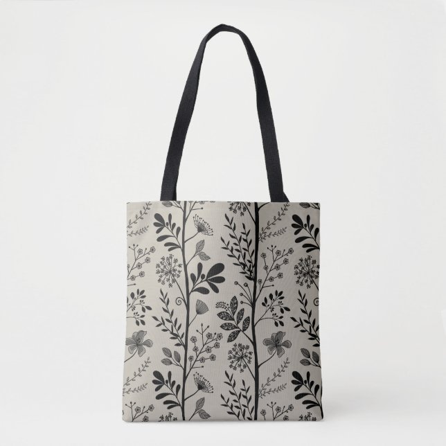 Bolsa Tote Devaneio Elegante do Jardim Silhueta Floral Preta (Frente)