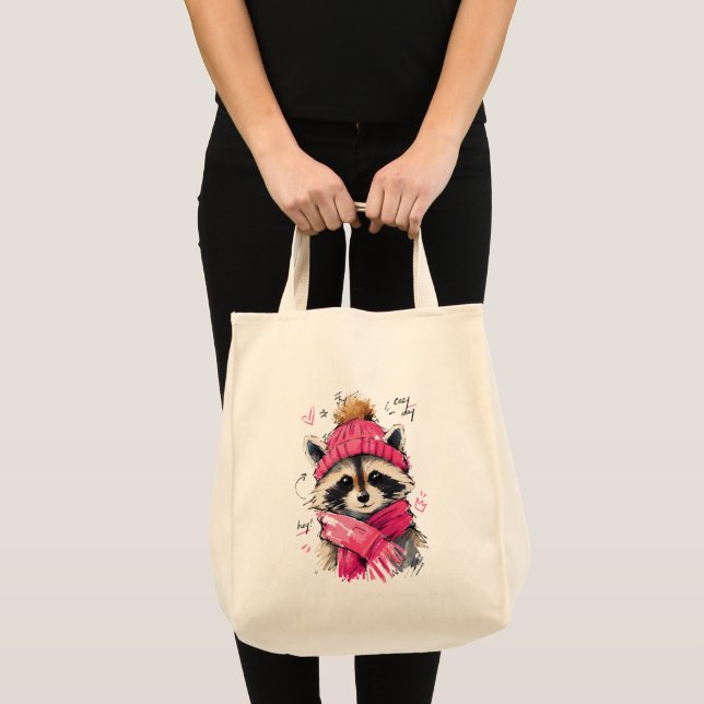 Bolsa Tote Dia Aconchegante Guaxinim Fofo com Chapéu e Cachec (Frente (produto))