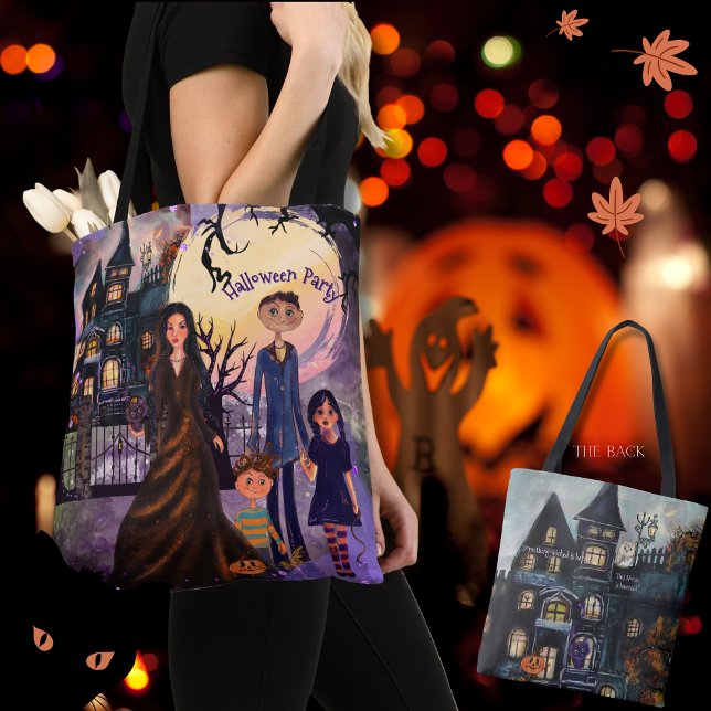 Bolsa Tote Dia das Bruxas de Halloween De Casa Branca Dupla (Double-Sided Gothic Haunted House Halloween Tote Bag)