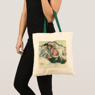 Bolsa Tote Dia das Mães Vintage, Crianças Lendo Cartões na Ca