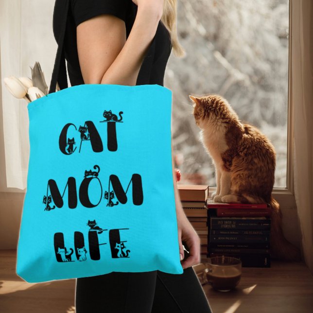 Bolsa Tote Dia de as mães Azul Moderno Cat Mãe Vida Bonita (Criador carregado)