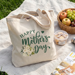 Bolsa Tote Dia de as mães Feliz Floral Branco Verde