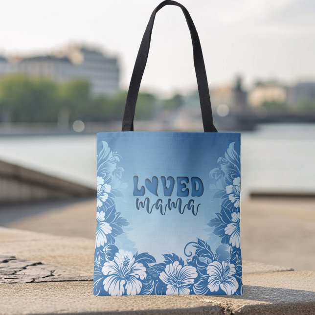 Bolsa Tote Dia de as mães "Mamã Amada", Flor Tropical Azul (Criador carregado)