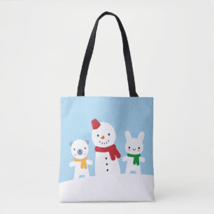 Bolsa Tote Dia de Neve Kawaii com Coelho e Urso