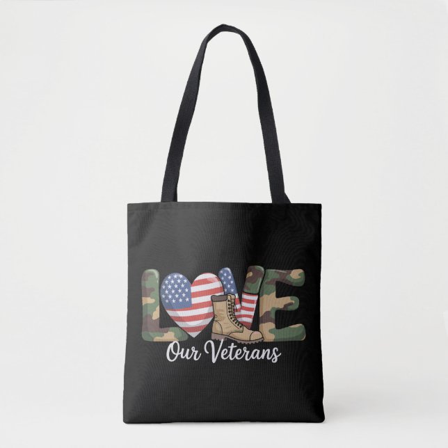 Bolsa Tote Dia de Orgulho dos Nossos Veteranos Bandeira Ameri (Frente)