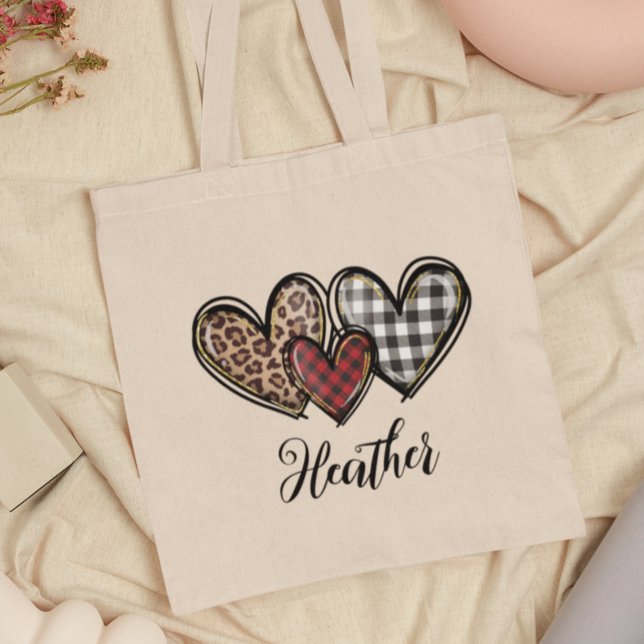 Bolsa Tote Dia de os namorados de Xadrez Leopardo Personaliza (Criador carregado)