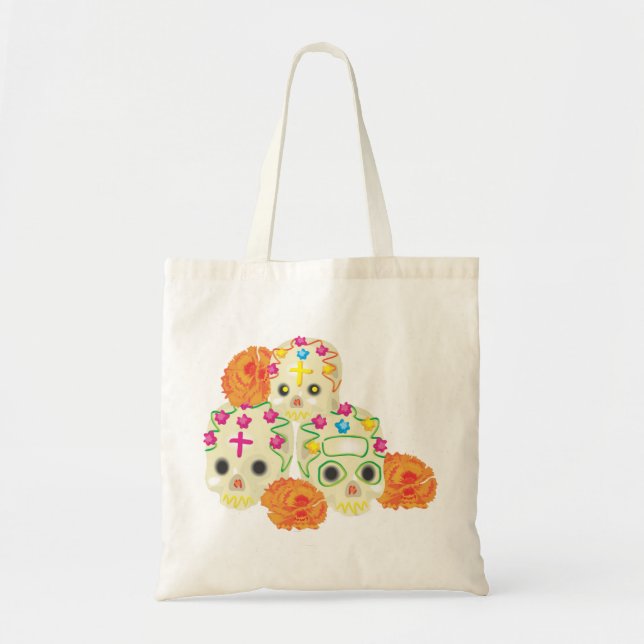 Bolsa Tote Dia dos Mortos Caveiras de Açúcar e Marigolds (Frente)