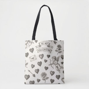 Bolsa Tote Dia dos Namorados Padrão Vintage Corações Rosas Cu