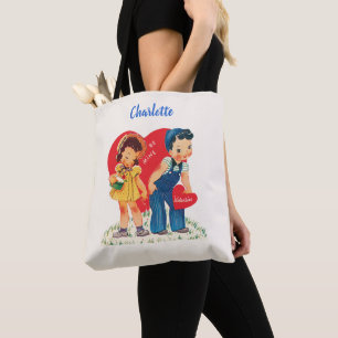 Bolsa Tote Dia dos Namorados Retrô, Corações de Menina e Meni