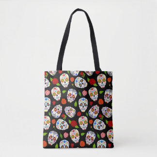 Bolsa Tote Dia Los Muertos: padrão de crânios de açúcar.