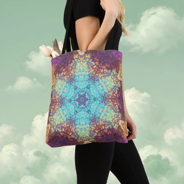 Bolsa Tote Digital Mandala Blue Amarelo e Puro (Blue Yellow and Purple Digital Paint Mandala Tote Bag By Wormhole Orbital)