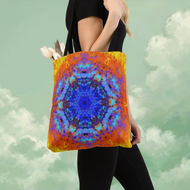 Bolsa Tote Digital Mandala Blue Orange e Yellow (Blue Orange and Yellow Digital Mandala Tote Bag by Wormhole Orbital)