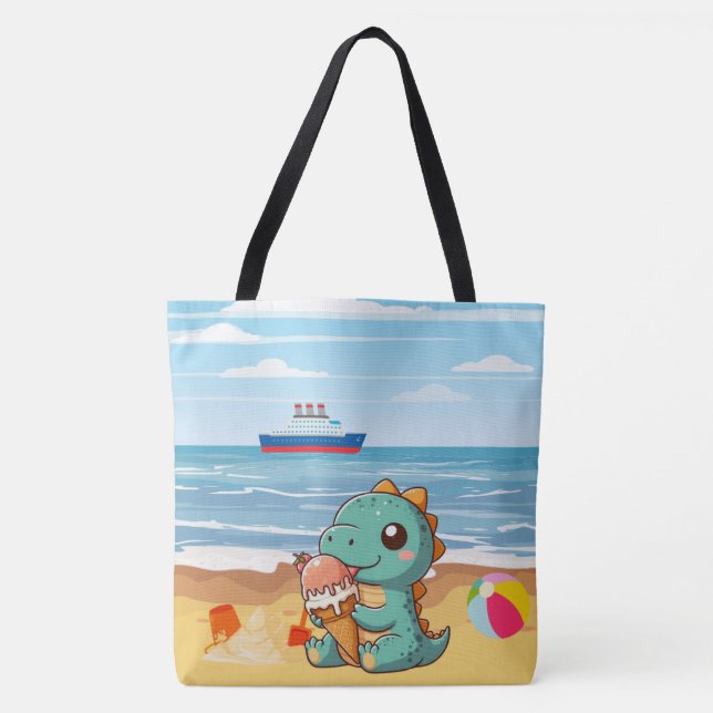 Bolsa Tote Dinô bonito comendo sorvete na praia (Frente)