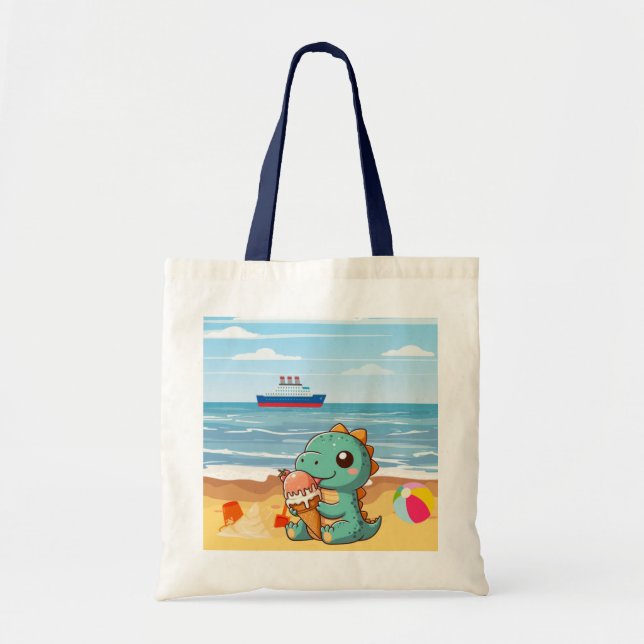 Bolsa Tote Dinô bonito comendo sorvete na praia (Frente)