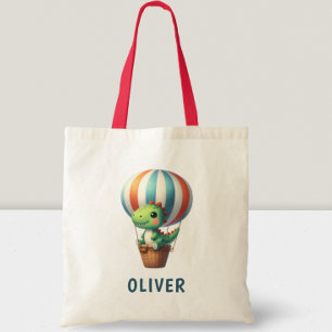 Bolsa Tote Dino Verde Fofo Voa em um Balão de Ar Quente